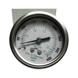 302DFW-254I PIC Pressure Gauge, 2.5"  dial, 1/4"  NPT Centerback mount, All Stainless Steel, dry/fillable, 0/400 PSI & BAR